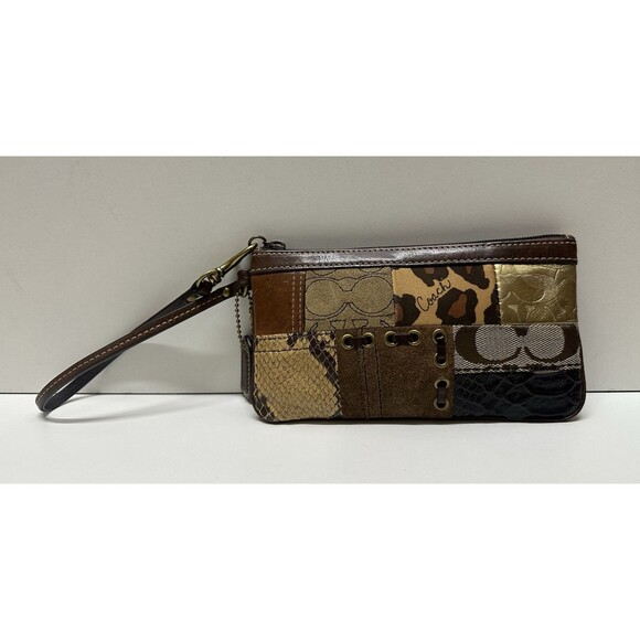 Coach Patchwork vintage brown suede leather canvas zipper wristlet - Picture 1 of 14